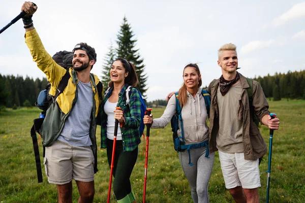 Trekking Hiking Camping Wild Life Concept Group Friends Walking Having — Stock Photo, Image