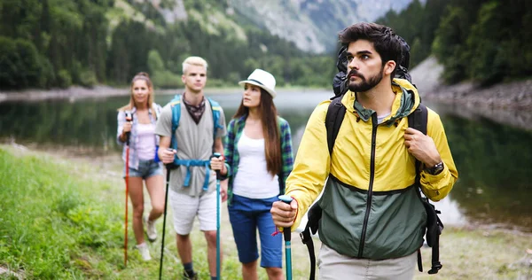 People Hiking Group Happy Hiker Friends Trekking Part Healthy Lifestyle  Stock Photo by ©nd3000 419398954