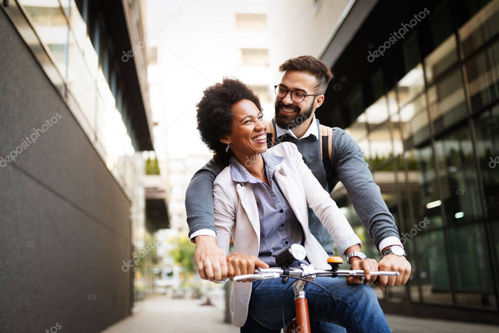 Happy funny young couple with bicycle. Love, relationship, people, freedom concept.