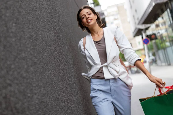 Portrait Young Happy Smiling Energetic Woman Shopping Bags — Stock Photo, Image