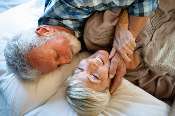 Happy Smiling Senior Couple Love Hugging Bonding True Emotions Home — Stock Photo, Image