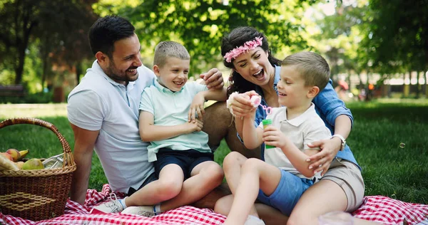 Família Feliz Desfrutando Piquenique Com Crianças Natureza — Fotografia de Stock