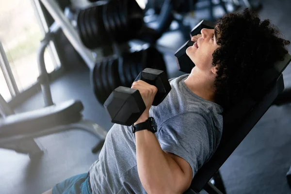 Muscular Fit Man Working Out Gym Doing Exercises Dumbbells Biceps — Stock Photo, Image