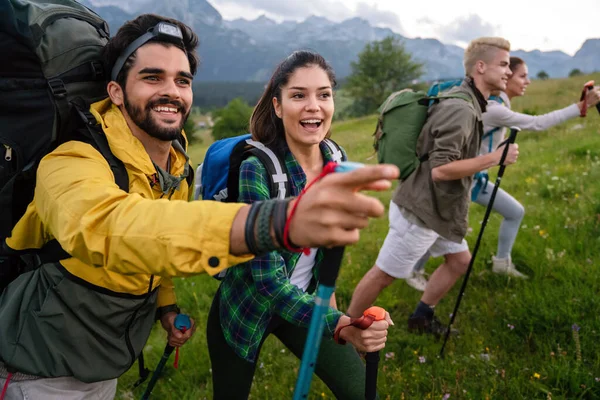 Skupina Zdravých Přátel Pěší Turistika Horách — Stock fotografie