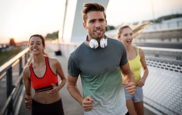 Fitness Sport People Jogging Concept Happy Fit People Running Outdoors — Stock Photo, Image