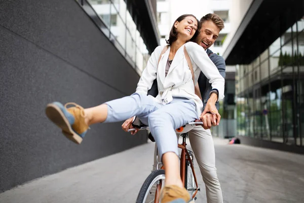 Close Loving Couple Riding Bike Having Fun City — Stock Photo, Image