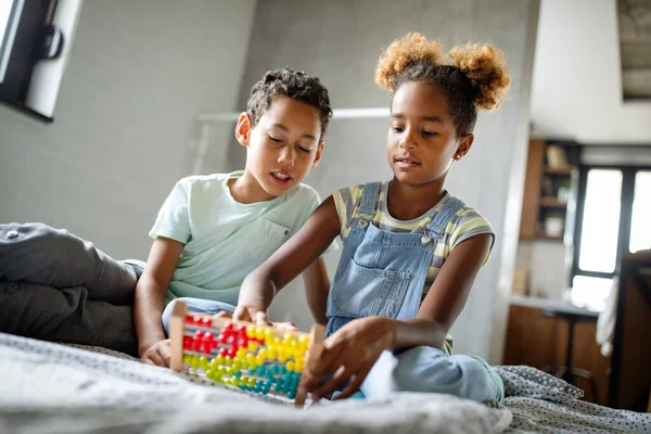 Cute African Kids Playing Counting Frame Home — Stock Photo, Image