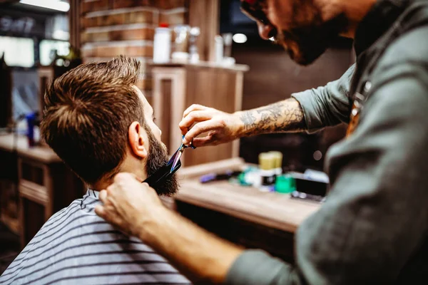 Happy Young Handsome Man Visiting Hairstylist Barber Shop — Stock Photo, Image