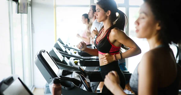Group Young Fit People Running Treadmill Gym — Stock Photo, Image