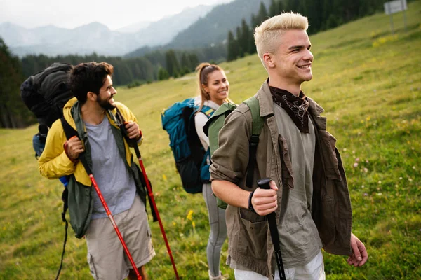 Wandelen Wandelen Kamperen Wildlife Concept Groep Vrienden Wandelen Plezier Hebben — Stockfoto