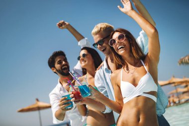 Yaz partisi. Kumsalda bir grup arkadaş kuyruk sallayıp eğleniyorlar.