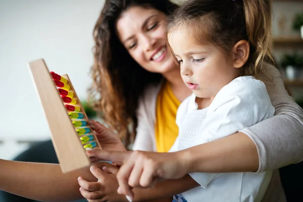 Beautiful Woman Kid Girl Playing Educational Toys Having Fun Home — Stock Photo, Image