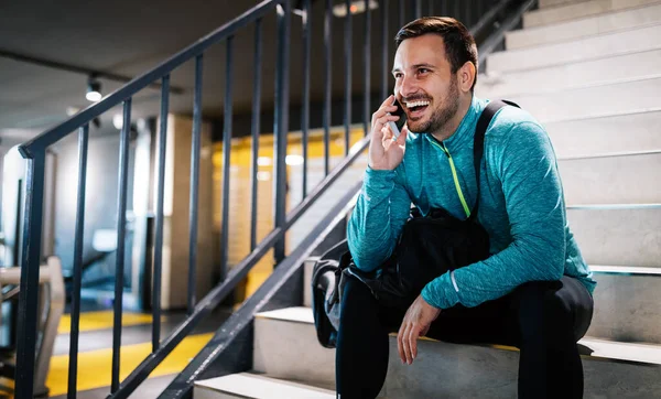 Portrait Young Happy Fit Man Athlete Bag Phone Workout Gym — Stock Photo, Image