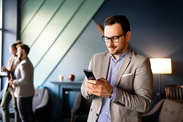 Handsome Young Businessman Using Smartphone Office — Stock Photo, Image