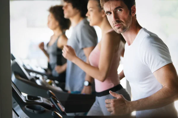 Group Young Fit People Running Treadmill Gym — Stock Photo, Image