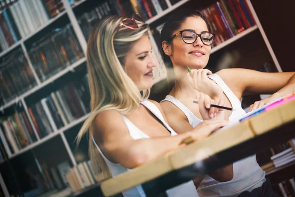 Positive Happy Young Students Girls Studying Together Preparing Exam — Stock Photo, Image