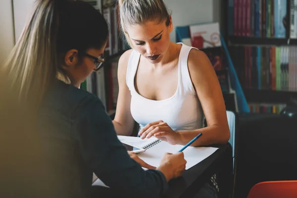 Positive Happy Young Students Girls Studying Together Preparing Exam — Stock Photo, Image