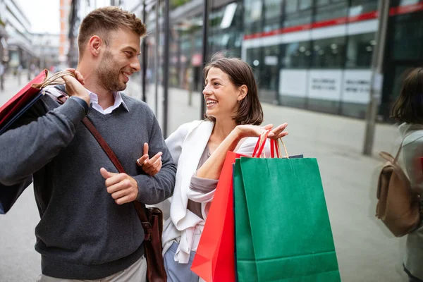 Shopping Fun Time Cheerful Successful Happy Young Lovely Couple Shopping — Stock Photo, Image