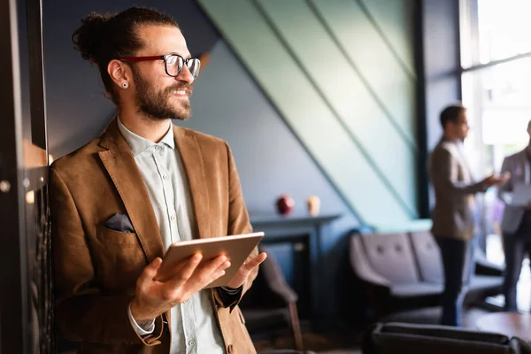 Portrait Young Businessman Holding Tablet Working Relaxing — Stock Photo, Image