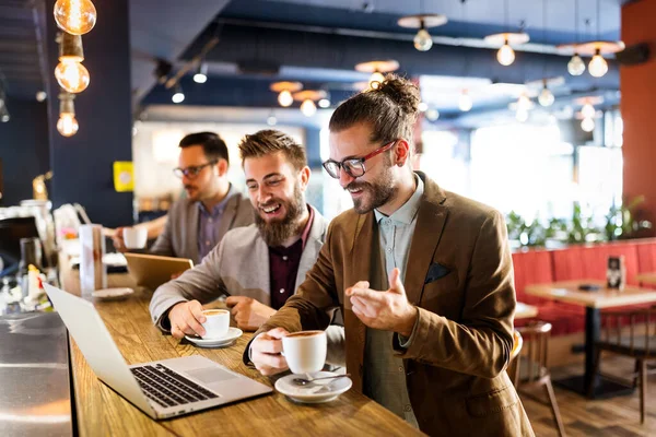 Happy Young Attractive Business Man Friends Talking Cafe — Stock Photo, Image