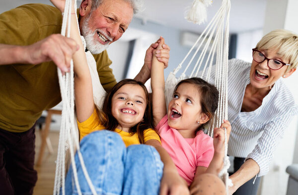 Happy Grandparents Having Fun Times Grandchildren Home Stock Photo