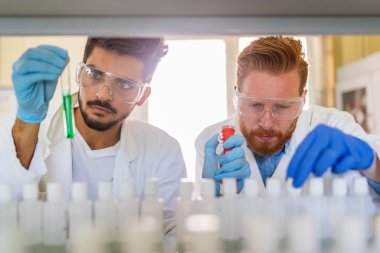 Laboratuvarda çalışan genç öğrenciler ve kimya bilimcileri.