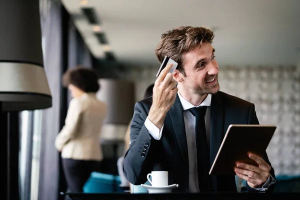 Portrait Happy Businessman Paying Order Credit Card Cafe — Stock Photo, Image