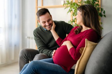 Aşk, şefkat, ilişki ve yeni aile kavramı. Aşık bir adam hamile karısına sarılır, birlikte bebeklerin gelmesini beklerler.
