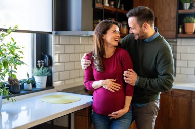 Aşk, şefkat, ilişki ve yeni aile kavramı. Aşık bir adam hamile karısına sarılır, birlikte bebeklerin gelmesini beklerler.