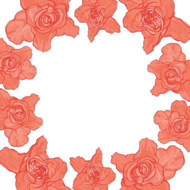 Büyük gül bir çerçeve ile kartı, botanik illüstrasyon vektör.