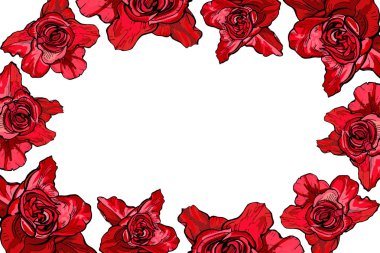 Büyük gül bir çerçeve ile kartı, botanik illüstrasyon vektör.