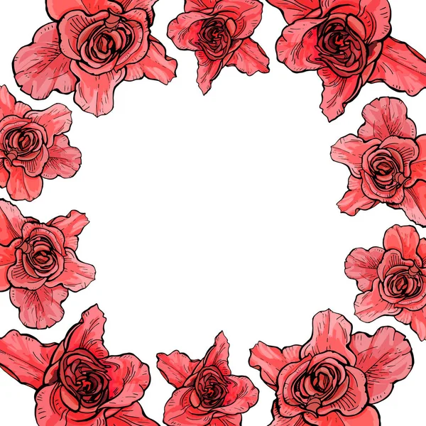 Büyük gül bir çerçeve ile kartı, botanik illüstrasyon vektör.