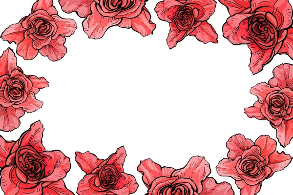 Büyük gül bir çerçeve ile kartı, botanik illüstrasyon vektör.