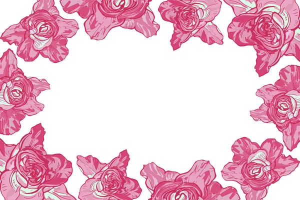 Cartão Com Uma Moldura Rosas Grandes Vetor Ilustração Botânica —  Vetores de Stock
