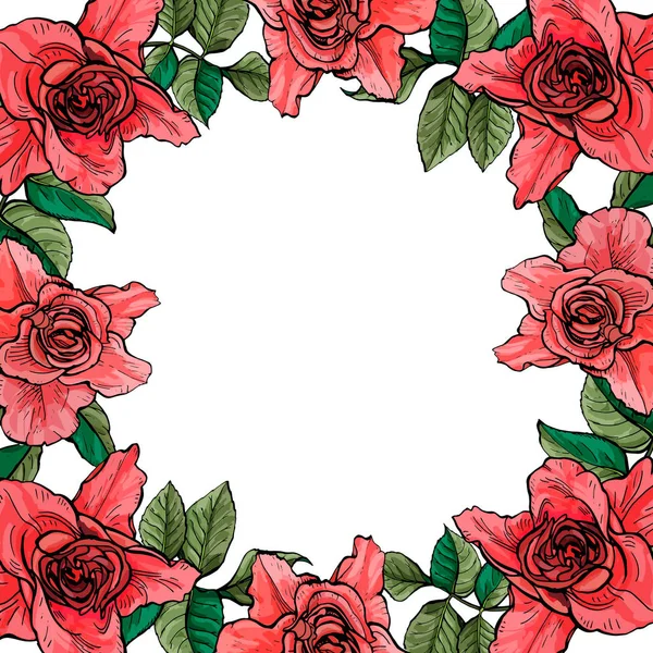 Büyük gül bir çerçeve ile kartı, botanik illüstrasyon vektör.