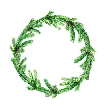 Yuvarlak Noel çerçeve, köknar çelenk dalları. Suluboya Christmas illüstrasyon, tebrik kartı.