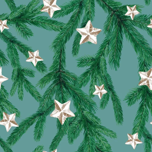 Christmas Seamless Pattern Stars Fir Branches Watercolor Christmas Illustration Background — Stock Photo, Image