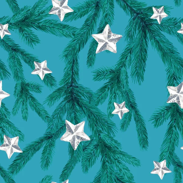 Christmas Seamless Pattern Stars Fir Branches Watercolor Christmas Illustration Background — Stock Photo, Image