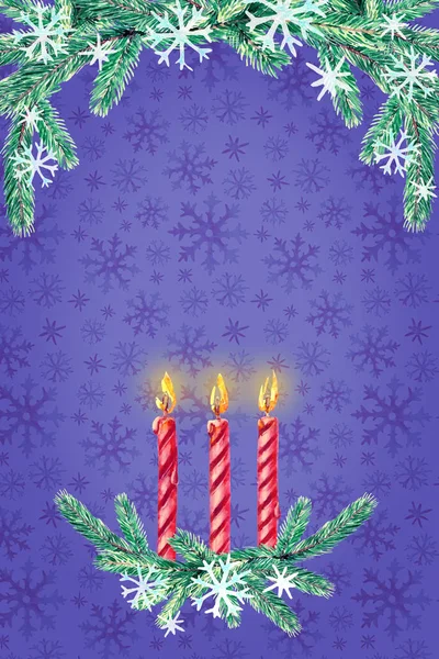 Cartão Natal Com Ramos Abeto Velas Ilustração Aquarela Para Natal — Fotografia de Stock