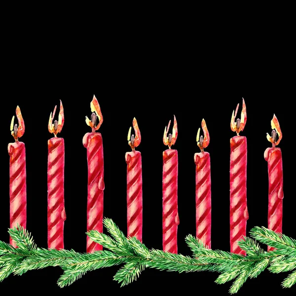Kerst Patroon Van Het Branden Van Kaarsen Spar Takken Aquarel — Stockfoto