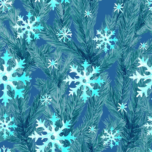 Weihnachten Nahtloses Muster Mit Tannenzweigen Und Schneeflocken Aquarell Weihnachten Illustration — Stockfoto
