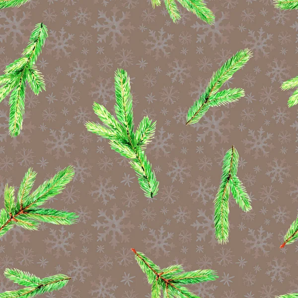 Christmas Seamless Pattern Fir Branches Snowflakes Watercolor Christmas Illustration Background — Stock Photo, Image