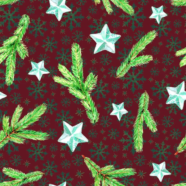 Christmas Seamless Pattern Fir Branches Snowflakes Watercolor Christmas Illustration Background — Stock Photo, Image