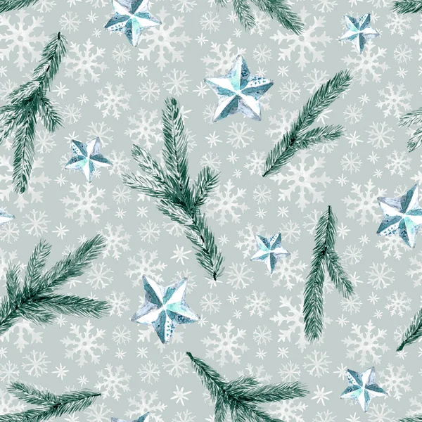 Boże Narodzenie Bezszwowe Wzór Gałęzi Jodły Płatki Śniegu Akwarela Boże — Zdjęcie stockowe