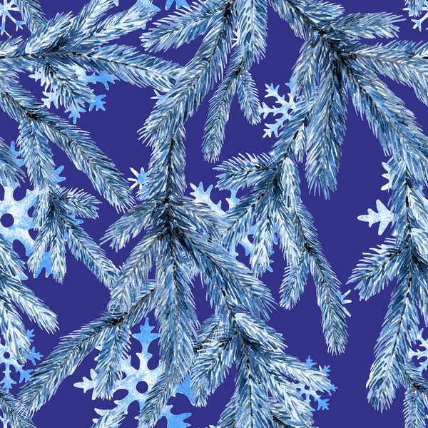 Christmas Sömlösa Mönster Med Fir Grenar Och Snöflingor Akvarell Jul — Stockfoto