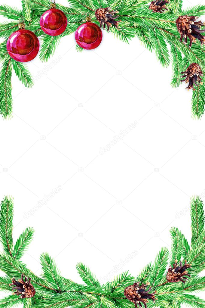 Christmas card with fir branches. Watercolor illustration for Christmas with space for text.