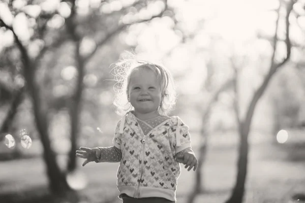 Little Cute Cheerful Baby Girl Blonde Girl Walking Sunny Garden — Stock Photo, Image