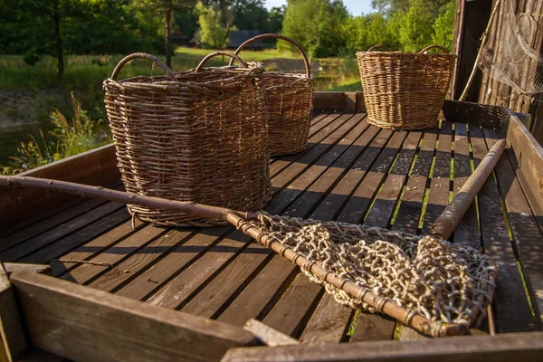 Ősi Halászhálók Egy Fából Készült Emelvény Európa Lengyelország — Stock Fotó