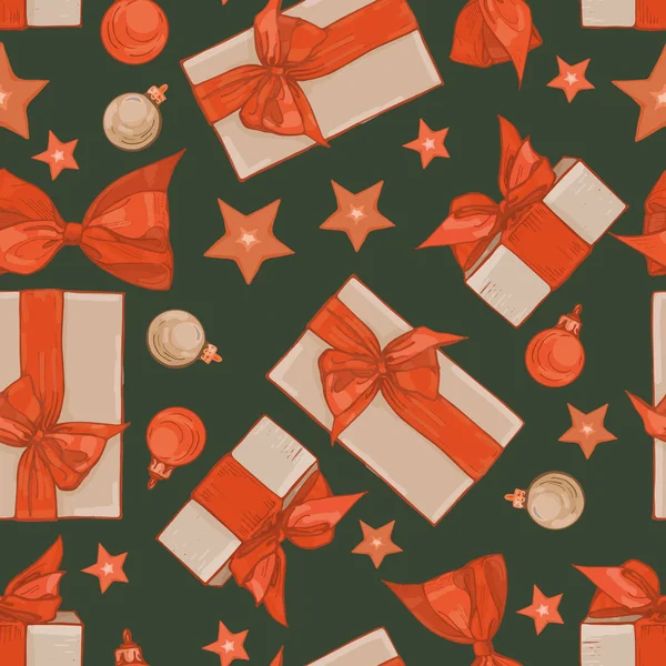 Modello Senza Cuciture Natale Del Regalo Celebrativo Scatole Con Archi — Vettoriale Stock