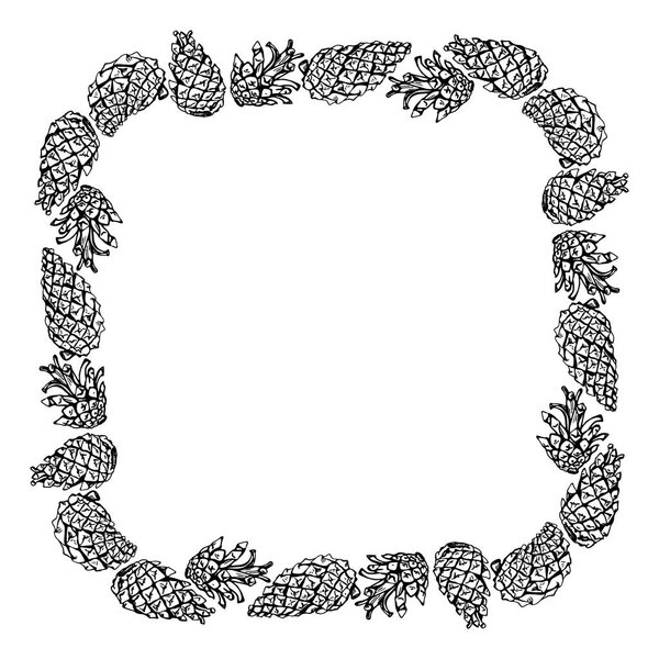 Card with frame of pine cones. Vector outline drawing with space for text.